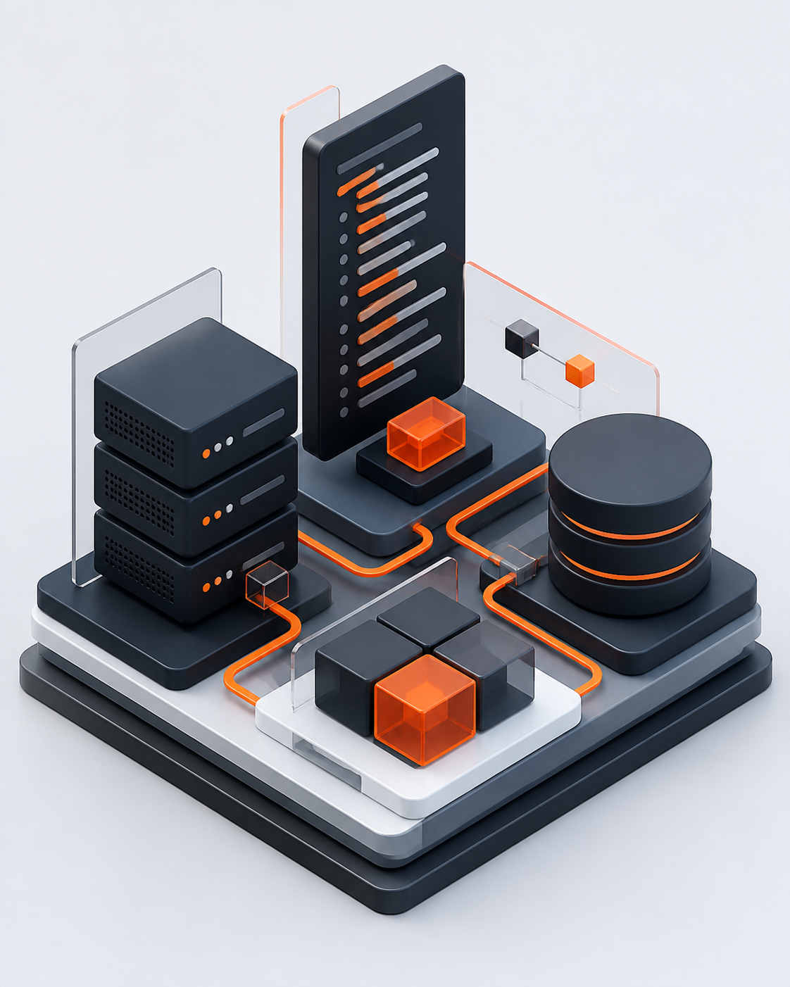 Ilustração de arquitetura de software com servidores, banco de dados e aplicações interligados.